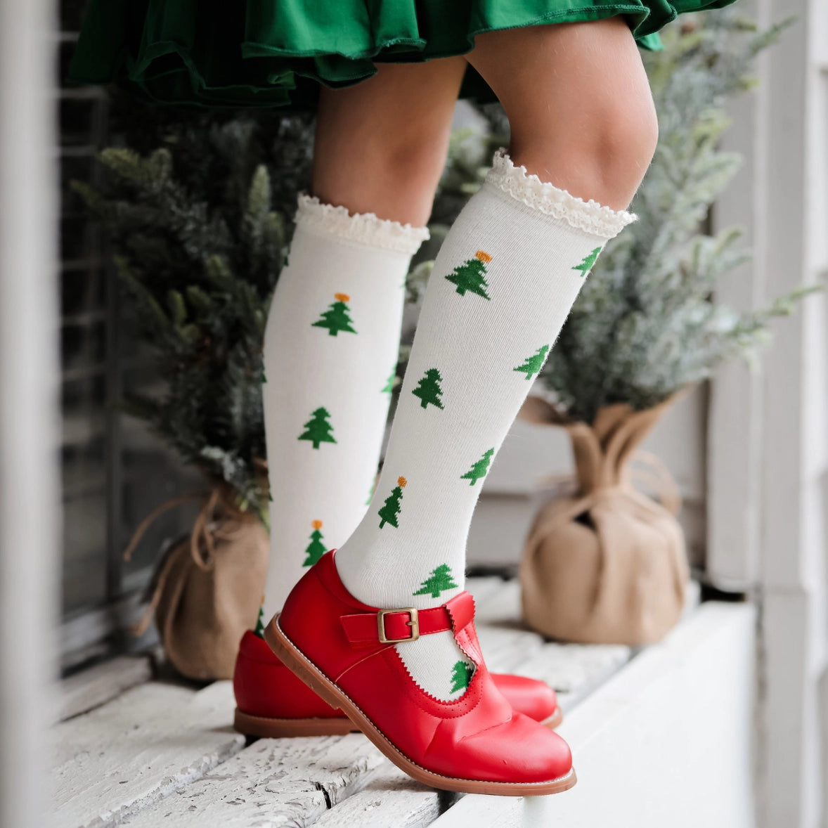 Lace Top Knee Highs in Ivory Christmas Trees - Doodlebug's Children's Boutique