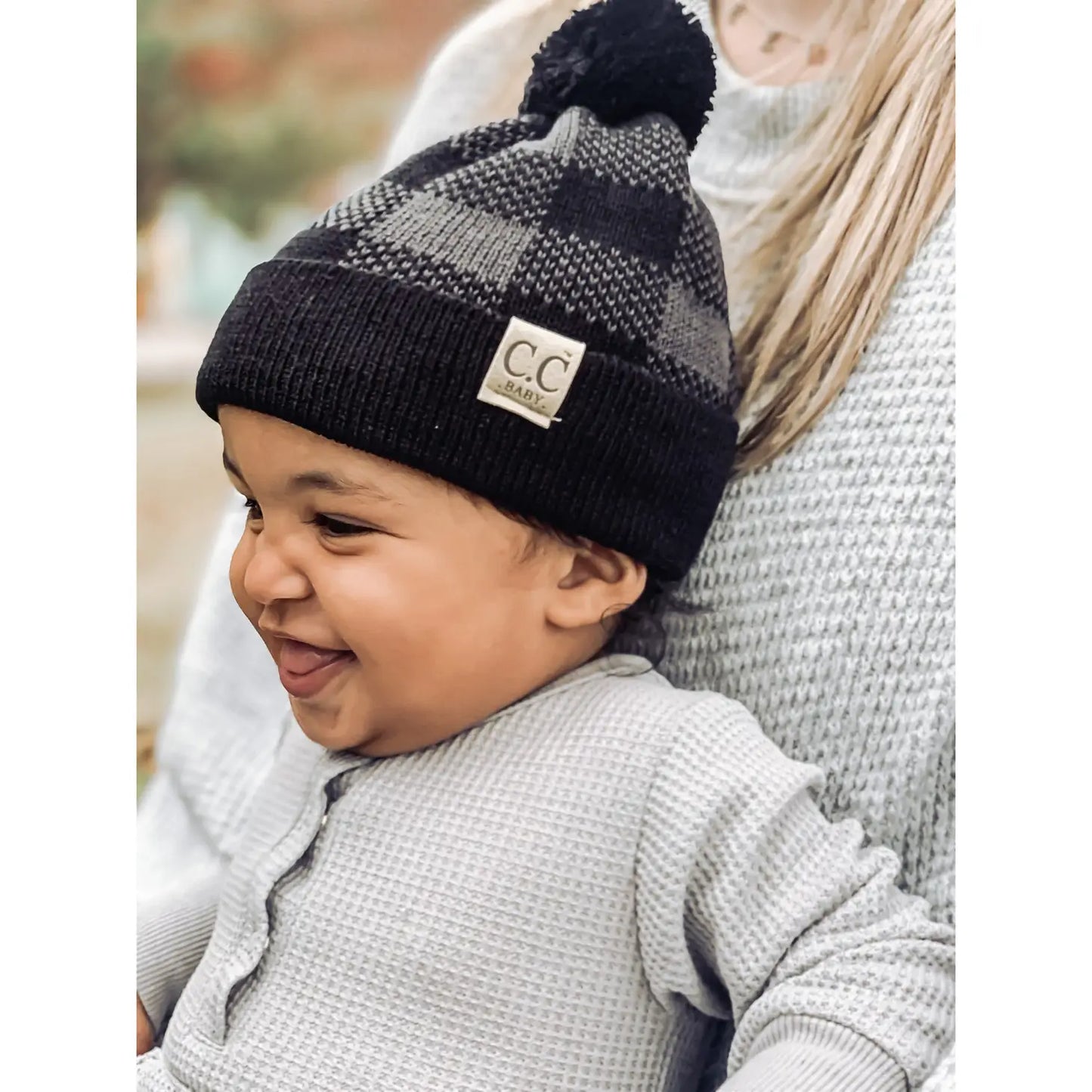 Grey and Black Buffalo Plaid Pom Baby Beanie - Doodlebug's Children's Boutique