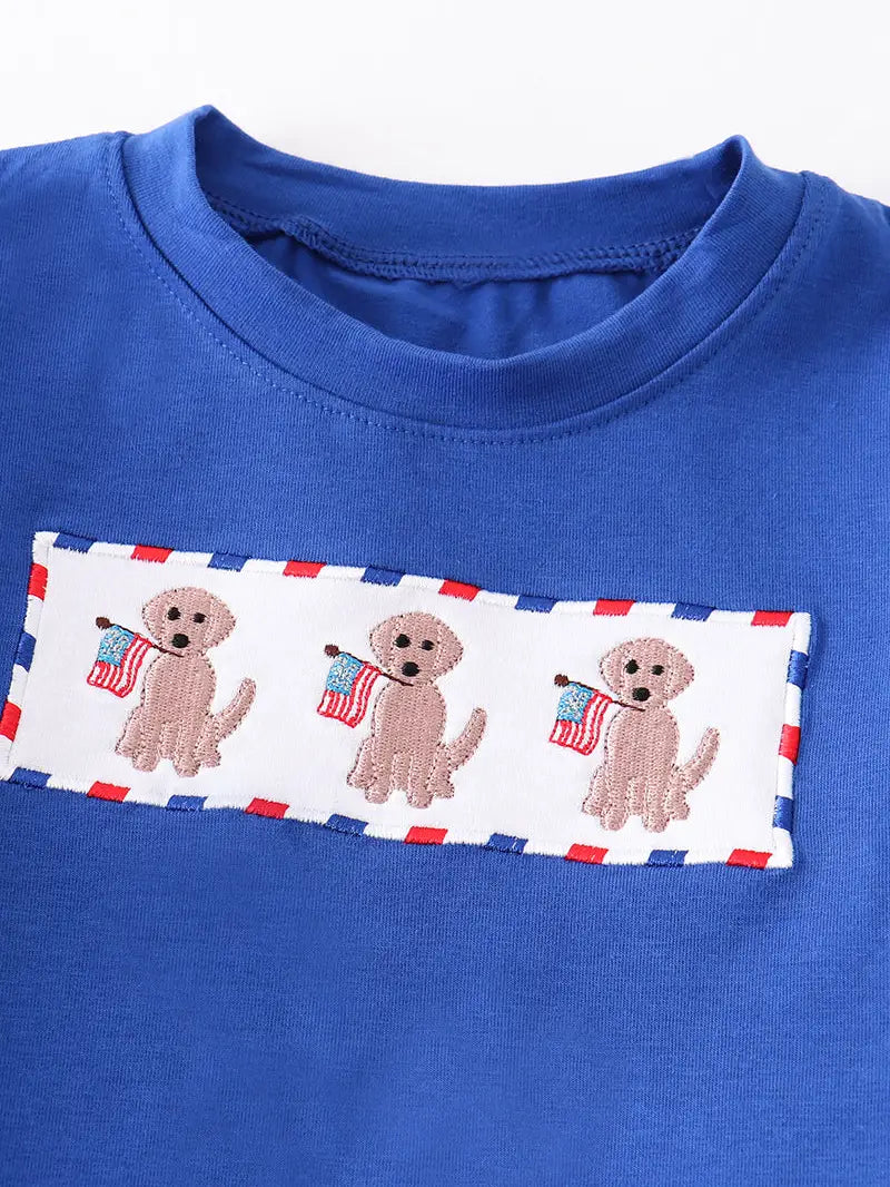 Navy Three Dogs Patriotic Embroidery Boy Short Set - Doodlebug's Children's Boutique