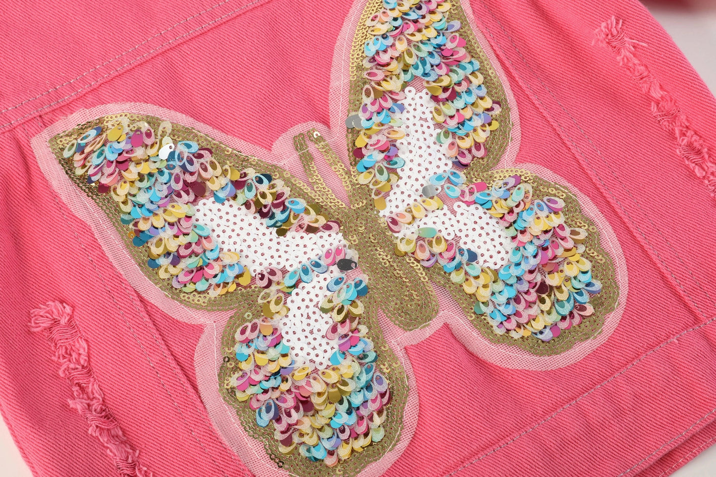 Pink Denim Butterfly Sequin & Pearl Jacket - Doodlebug's Children's Boutique