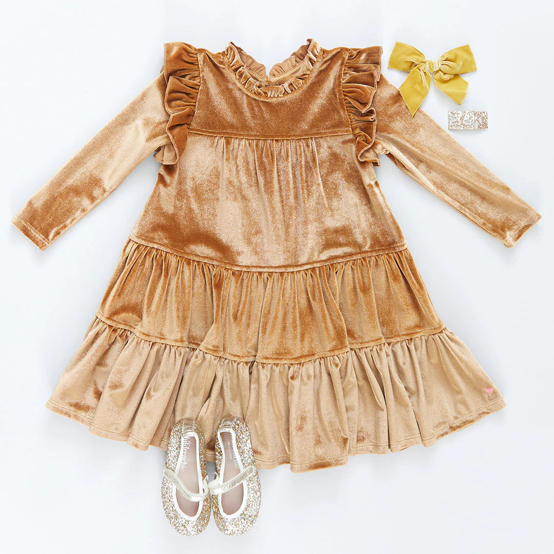 Velour Kalani Dress in Gold - Doodlebug's Children's Boutique