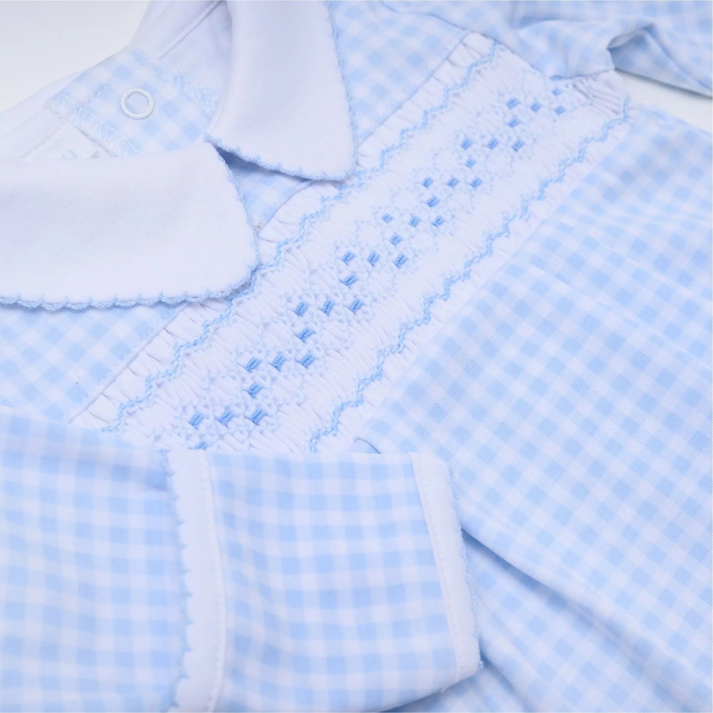 Mini Checks Smocked Collared Footie in Blue - Doodlebug's Children's Boutique