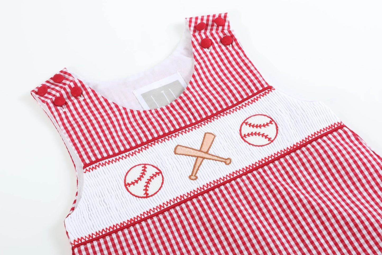 Red Gingham Baseball Smocked Shortalls - Doodlebug's Children's Boutique