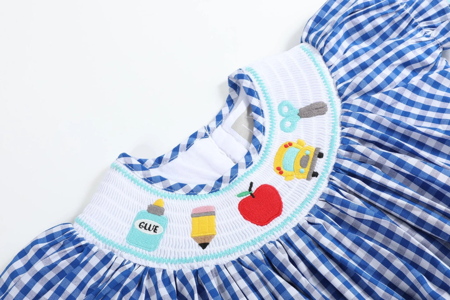 Royal Blue Gingham School Smocked Bishop Dress - Doodlebug's Children's Boutique
