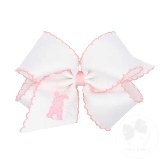Medium Pink Easter Bunny Grosgrain Bow with Moonstitch - Doodlebug's Children's Boutique
