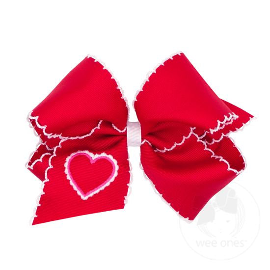 Medium Moonstitch Bow with Embroidered Heart in Red - Doodlebug's Children's Boutique