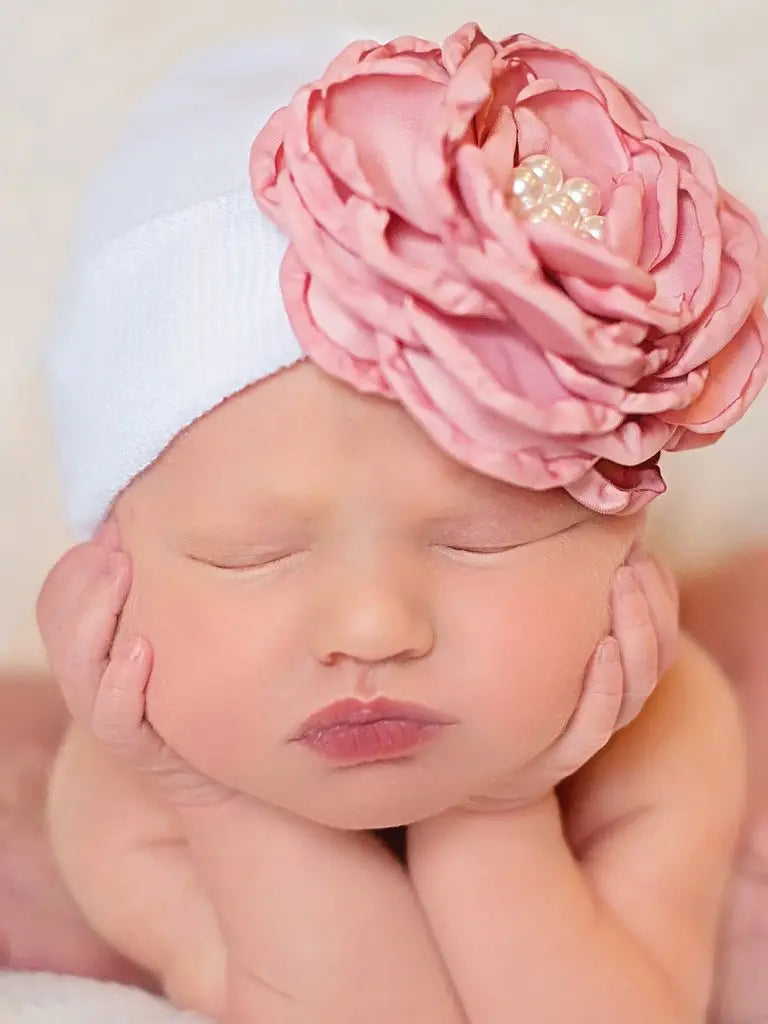 Silk Flower with Pearls Newborn Hospital Hat - Doodlebug's Children's Boutique