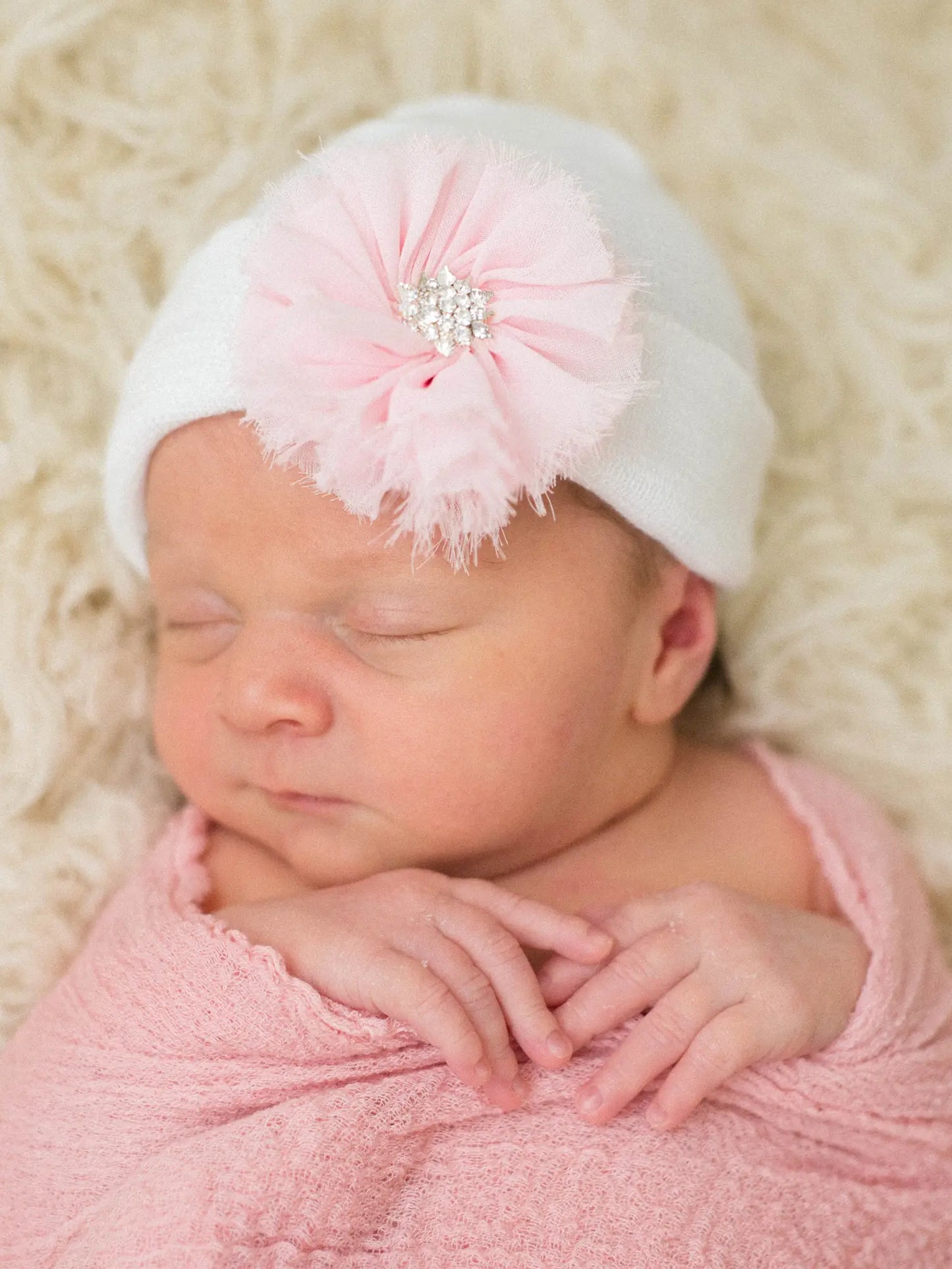 White and Pink Frayed Flower Newborn Hospital Hat - Doodlebug's Children's Boutique