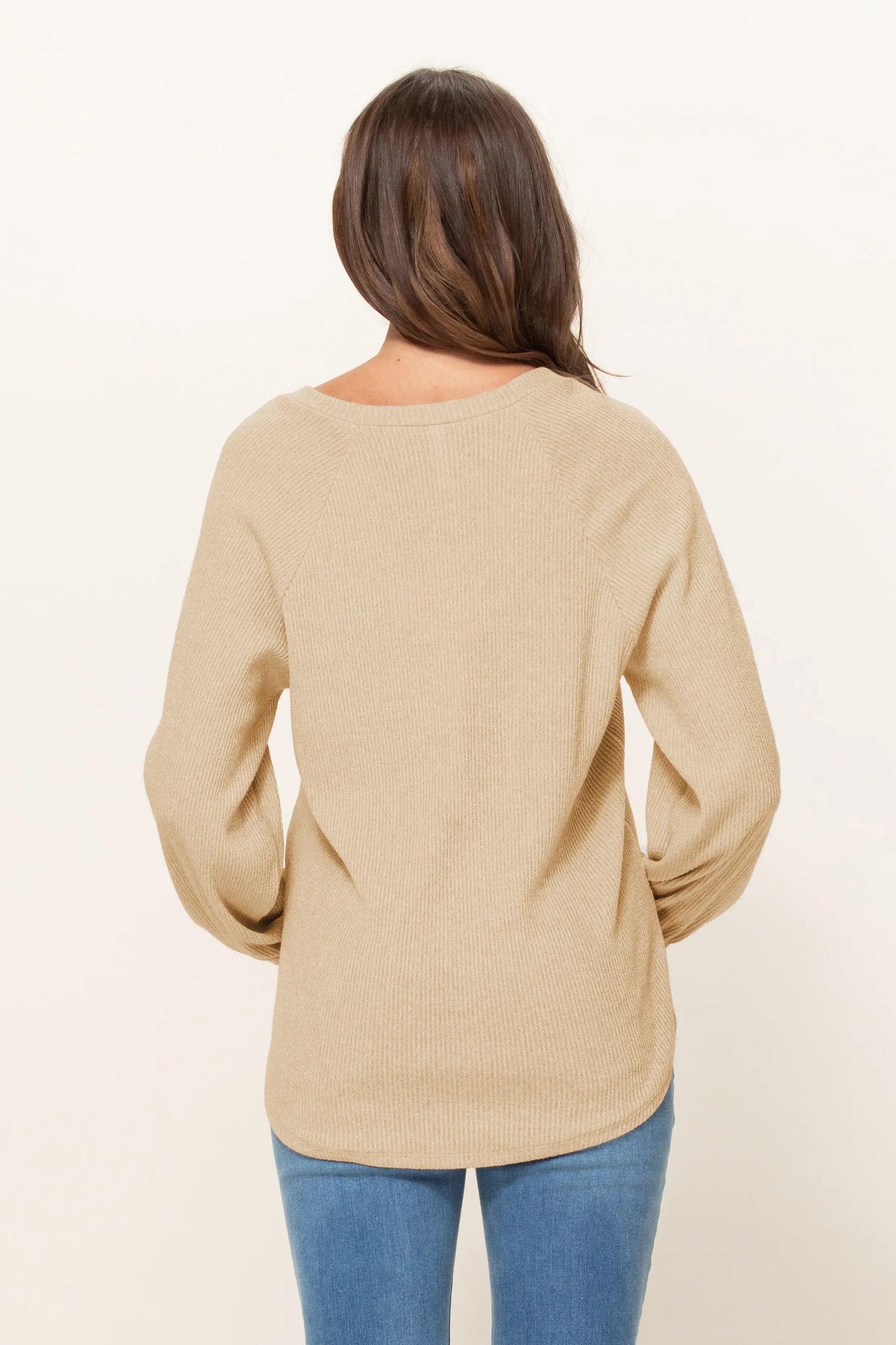 Maternity Ribbed V-Neck Boyfriend Shirt in Beige - Doodlebug's Children's Boutique