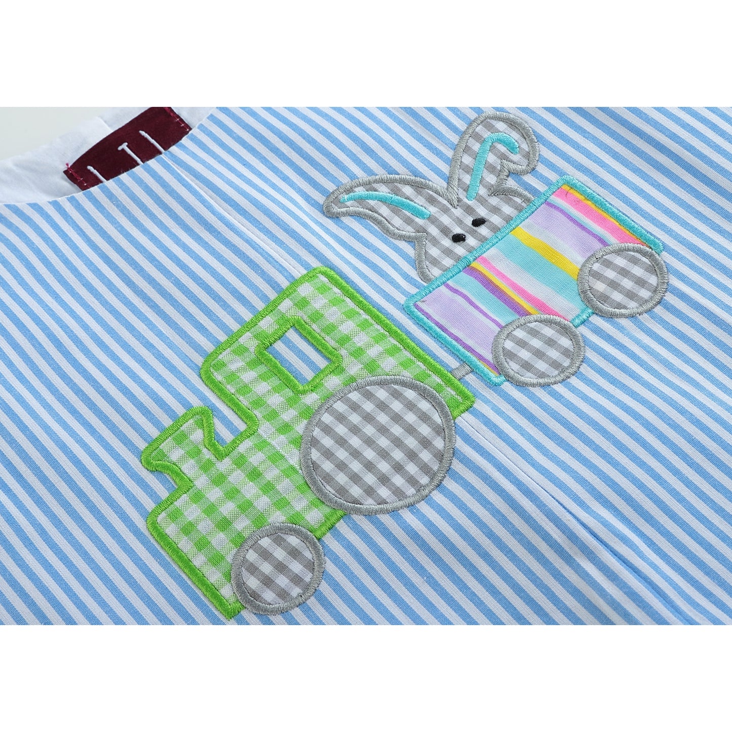 Blue Stripe Bunny Train Shortalls - Doodlebug's Children's Boutique