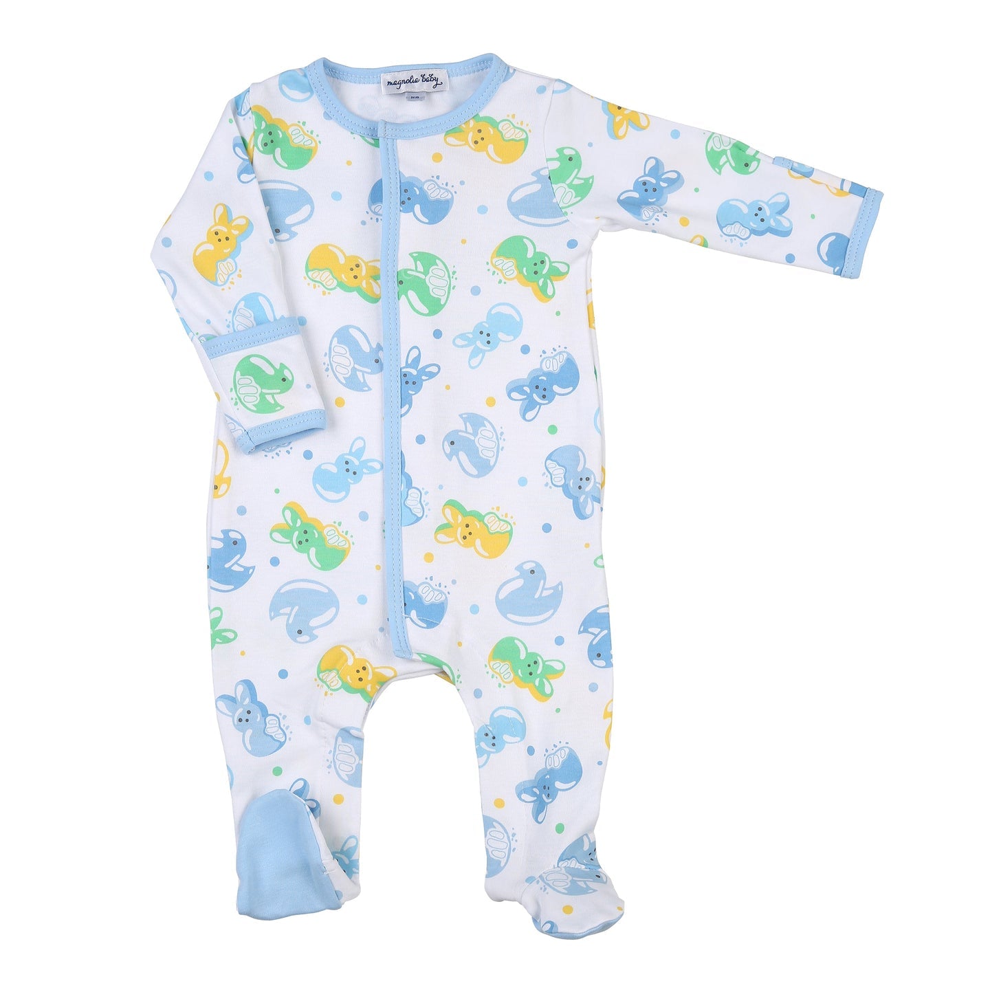 My Peeps Printed Zippered Footie in Blue - Doodlebug's Children's Boutique