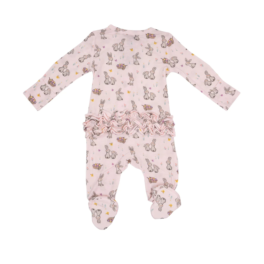 2 Way Ruffle Back Zipper Footie in Pink Bunnies - Doodlebug's Children's Boutique