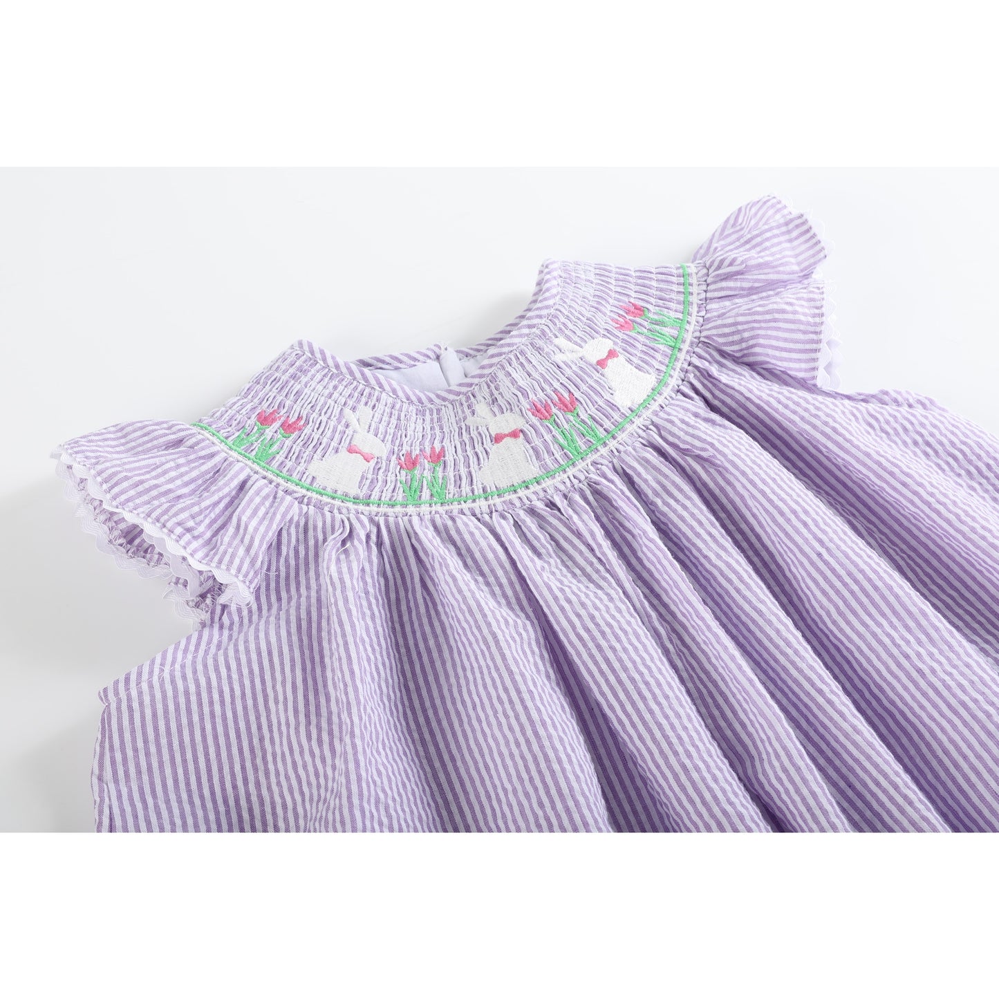 Purple Seersucker Easter Bunny Smocked Bishop Dress - Doodlebug's Children's Boutique