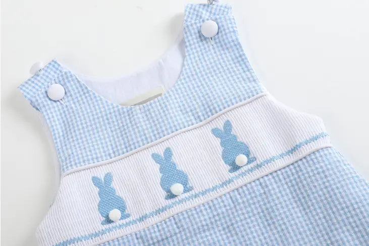 Blue Gingham Easter Bunny Smocked Shortall - Doodlebug's Children's Boutique