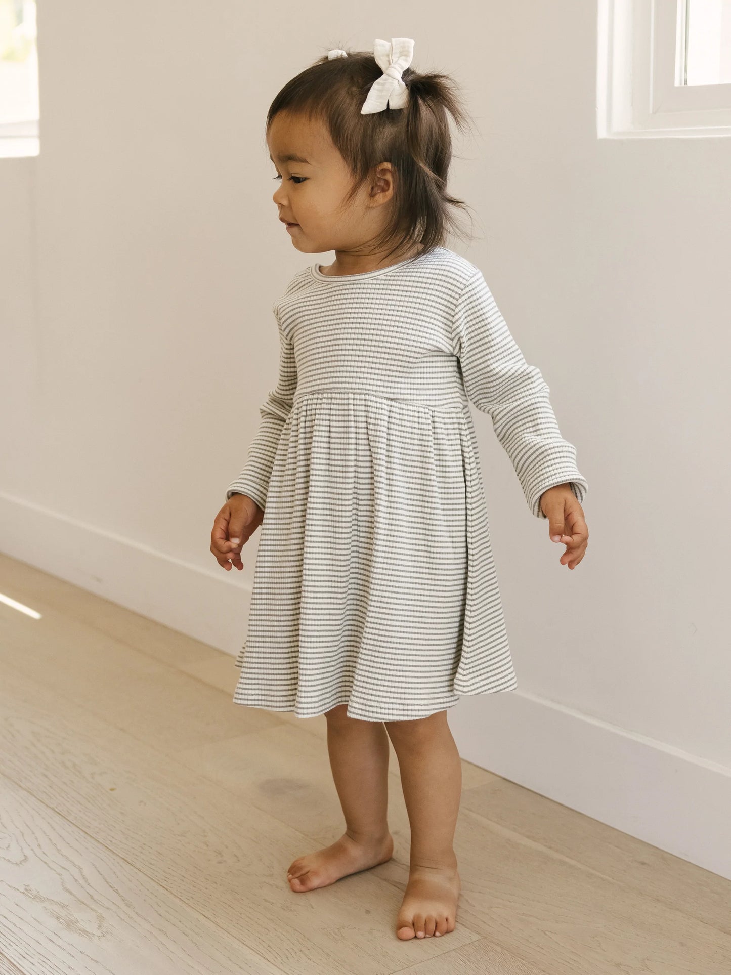 Ribbed Long Sleeve Dress in Fern Stripe - Doodlebug's Children's Boutique