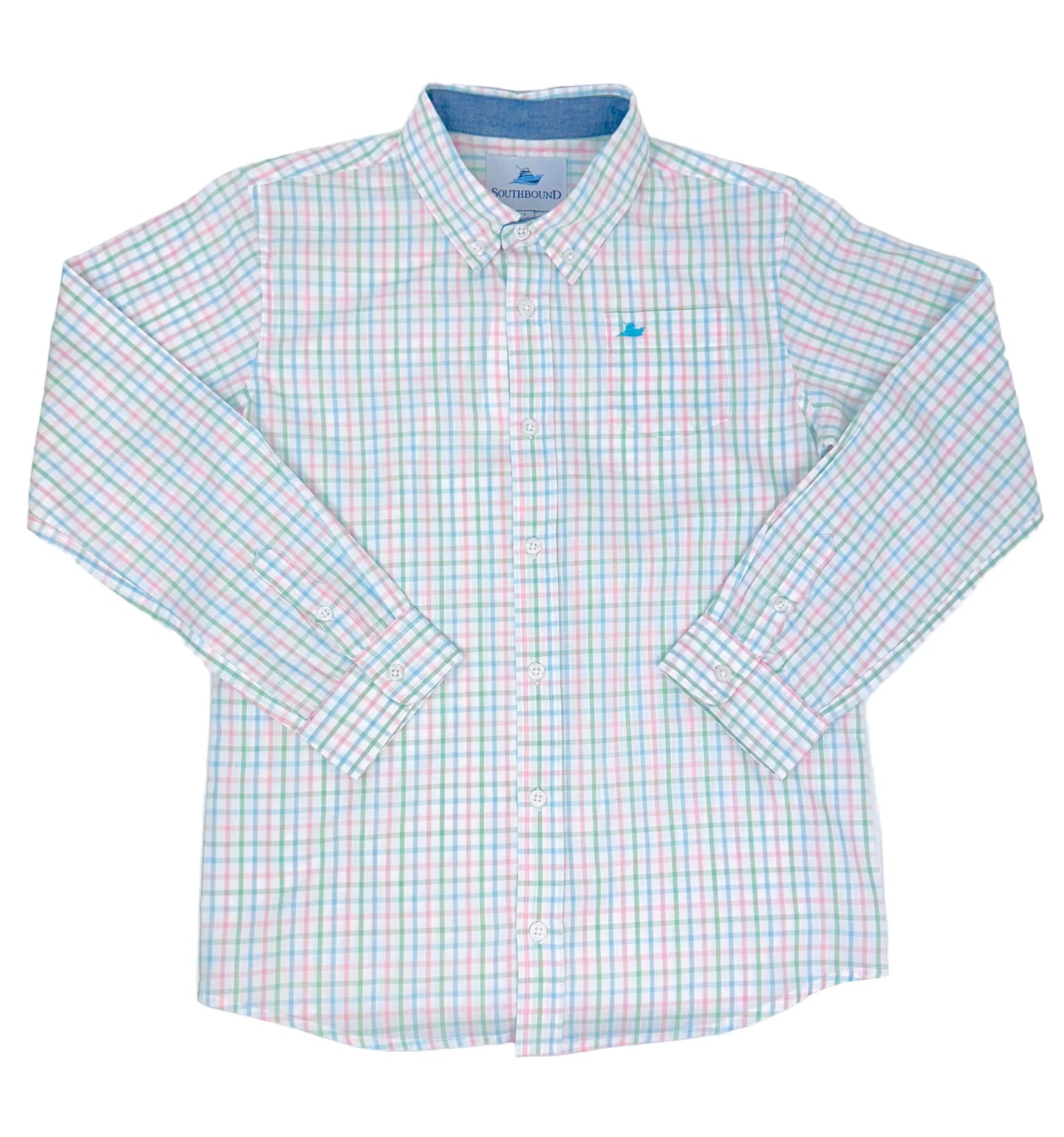Long Sleeve Dress Shirt in Peach and Aqua - Doodlebug's Children's Boutique