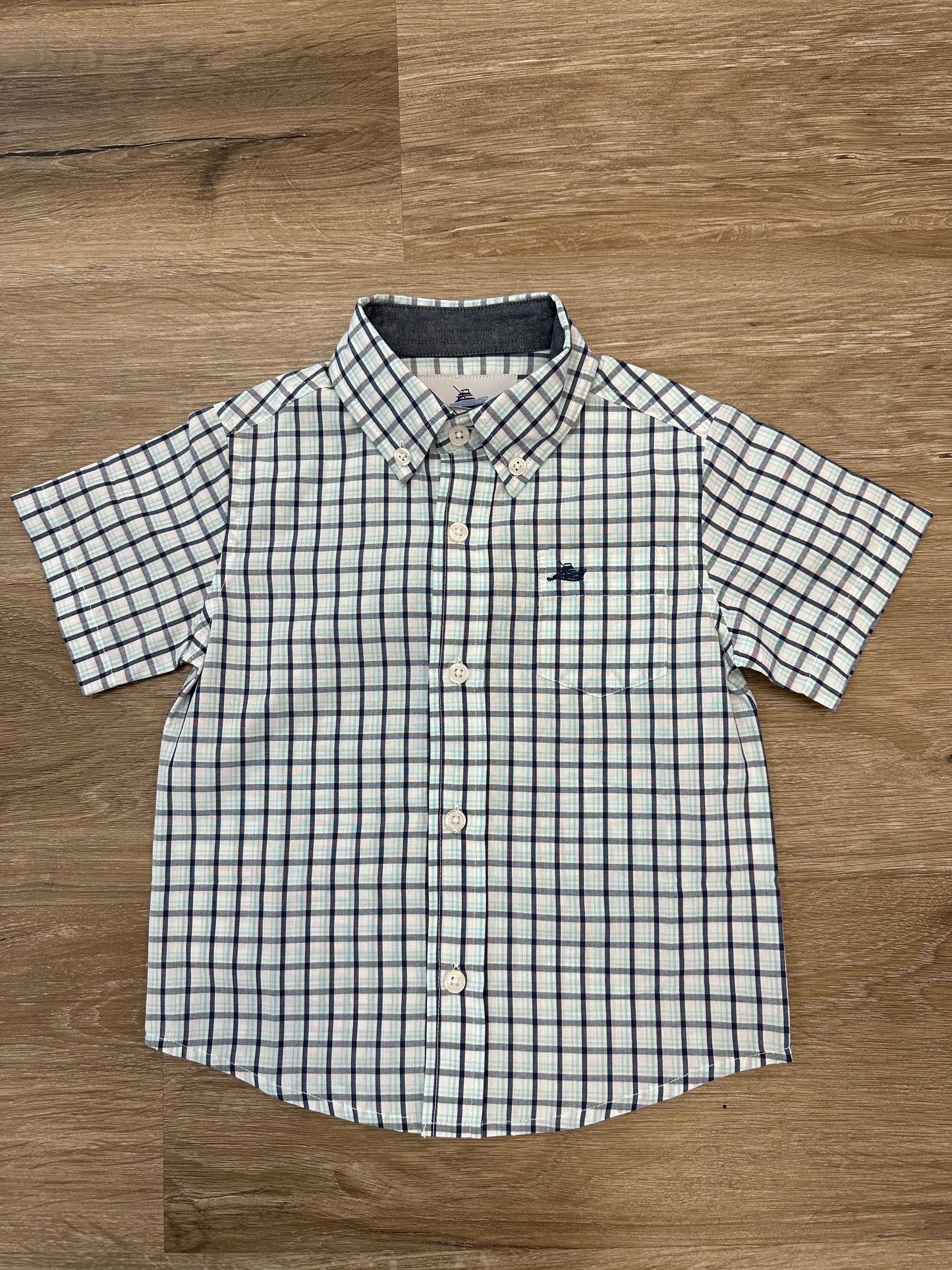 Short Sleeve Dress Shirt in Navy and Aqua - Doodlebug's Children's Boutique