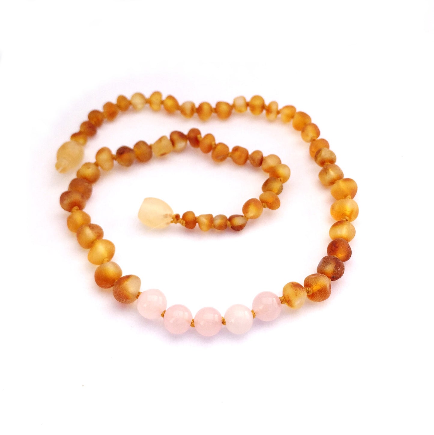 Baltic Amber Teething Necklace Raw Honey and Rose Quartz - Doodlebug's Children's Boutique