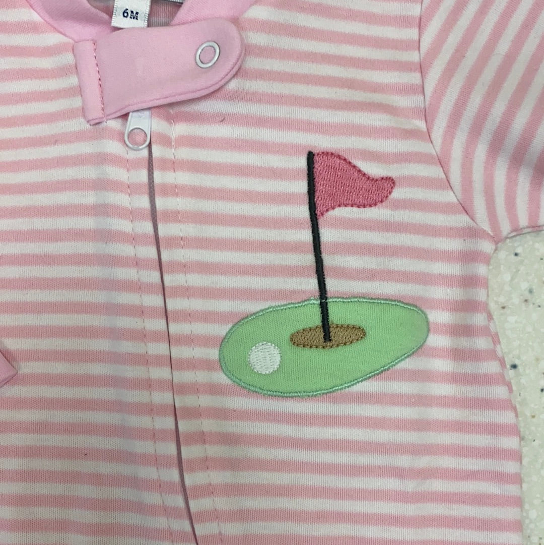 Tee Time Zippered Footie in Pink - Doodlebug's Children's Boutique