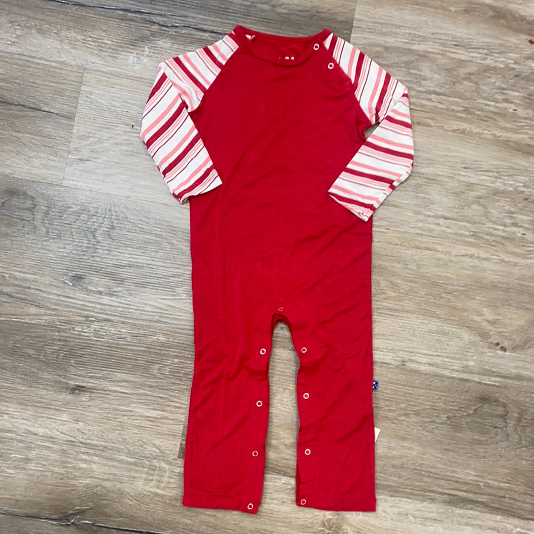 Print Long Sleeve Raglan Romper in Strawberry Candy Cane Stripe - Doodlebug's Children's Boutique