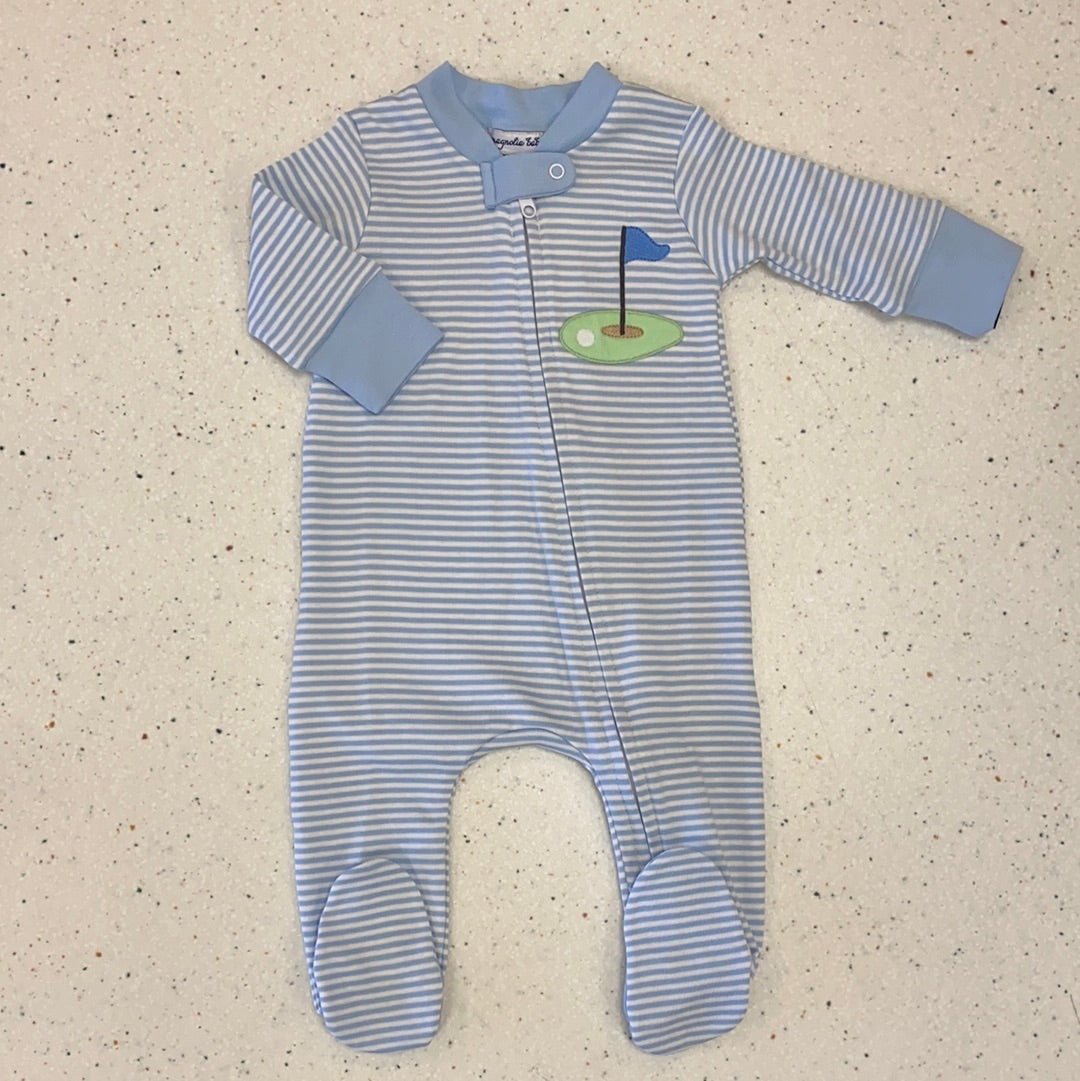 Tee Time Zippered Footie in Blue - Doodlebug's Children's Boutique