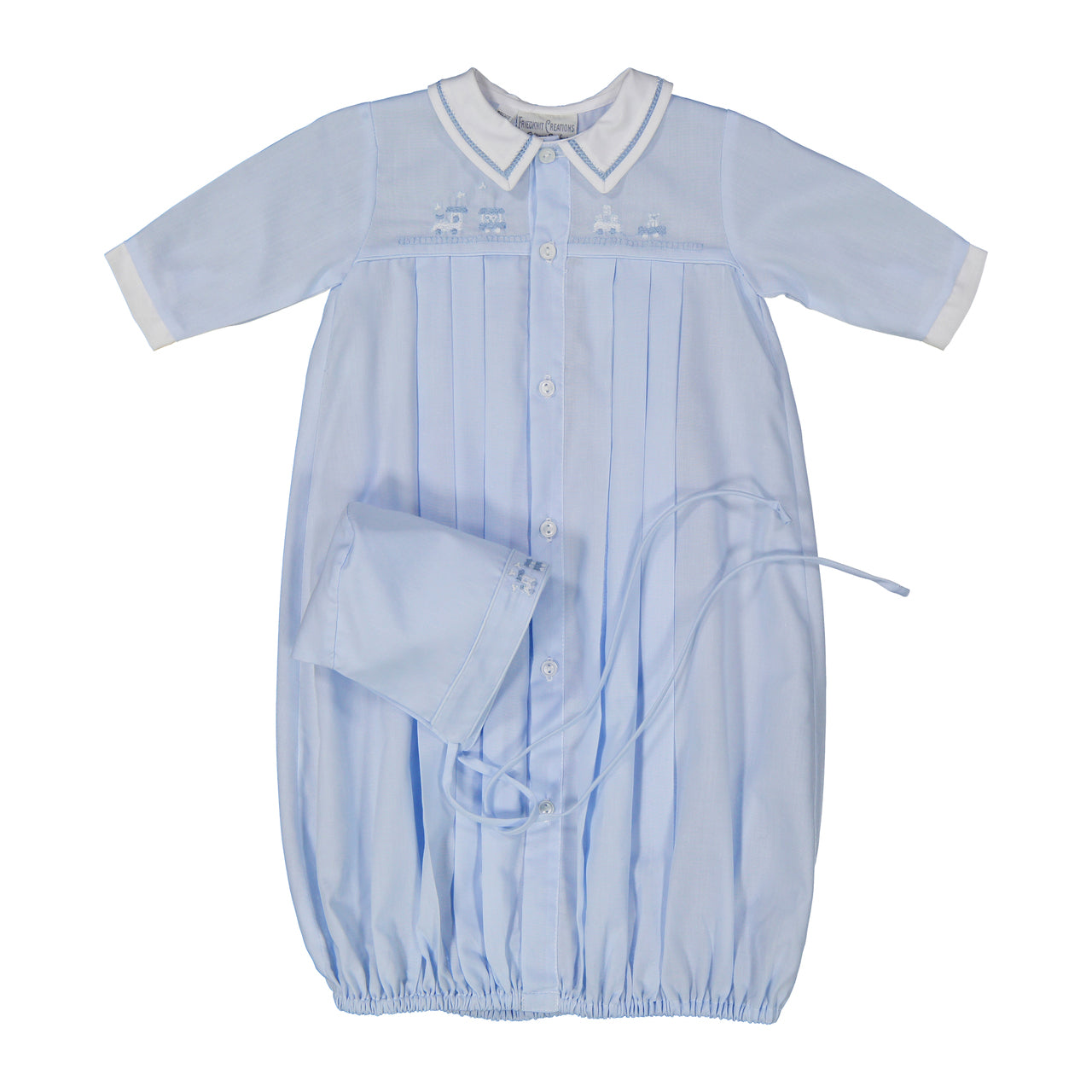 Train Pleated Take Me Home Gown and Hat - Doodlebug's Children's Boutique