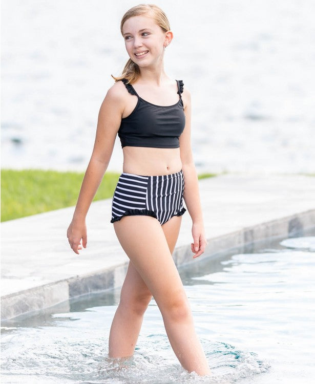 Black & White Stripe Flutter High Waisted Bikini - Doodlebug's Children's Boutique