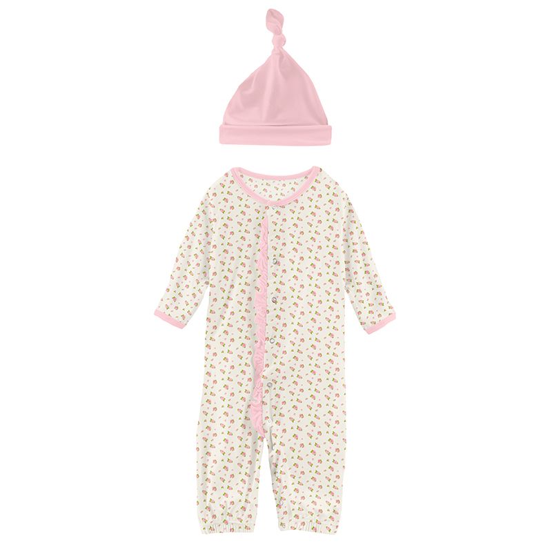 Print Ruffle Layette Gown Converter and Knot Hat Set in Natural Buds - Doodlebug's Children's Boutique