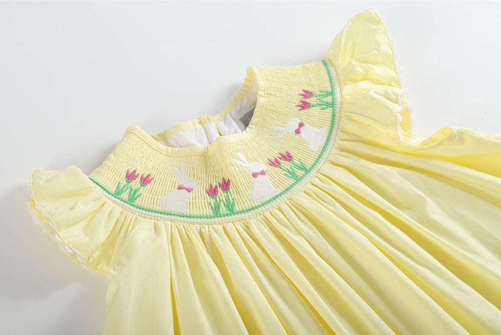 Yellow Easter Bunny and Flowers Smocked Bishop Dress - Doodlebug's Children's Boutique
