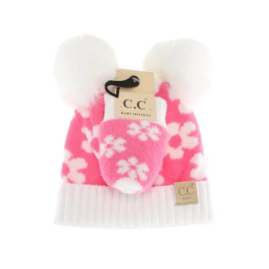 Candy Pink Daisy Double Pom Beanie and Mittens Set  - Doodlebug's Children's Boutique