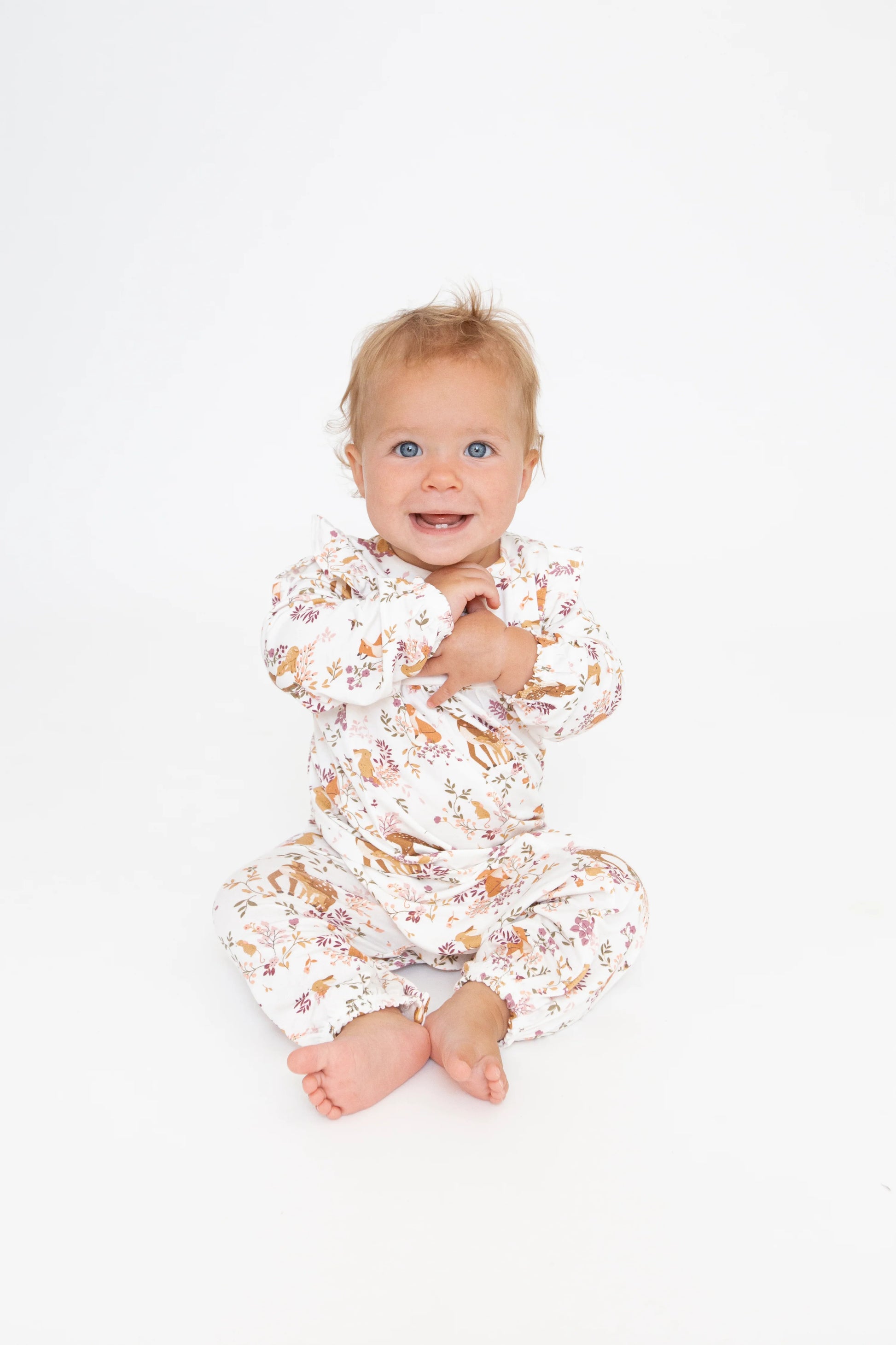 Ruffle Sleeve Romper in Pretty Woodland  - Doodlebug's Children's Boutique