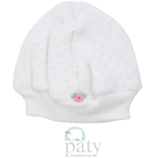 White Beanie Cap with Pink Rosette  - Doodlebug's Children's Boutique