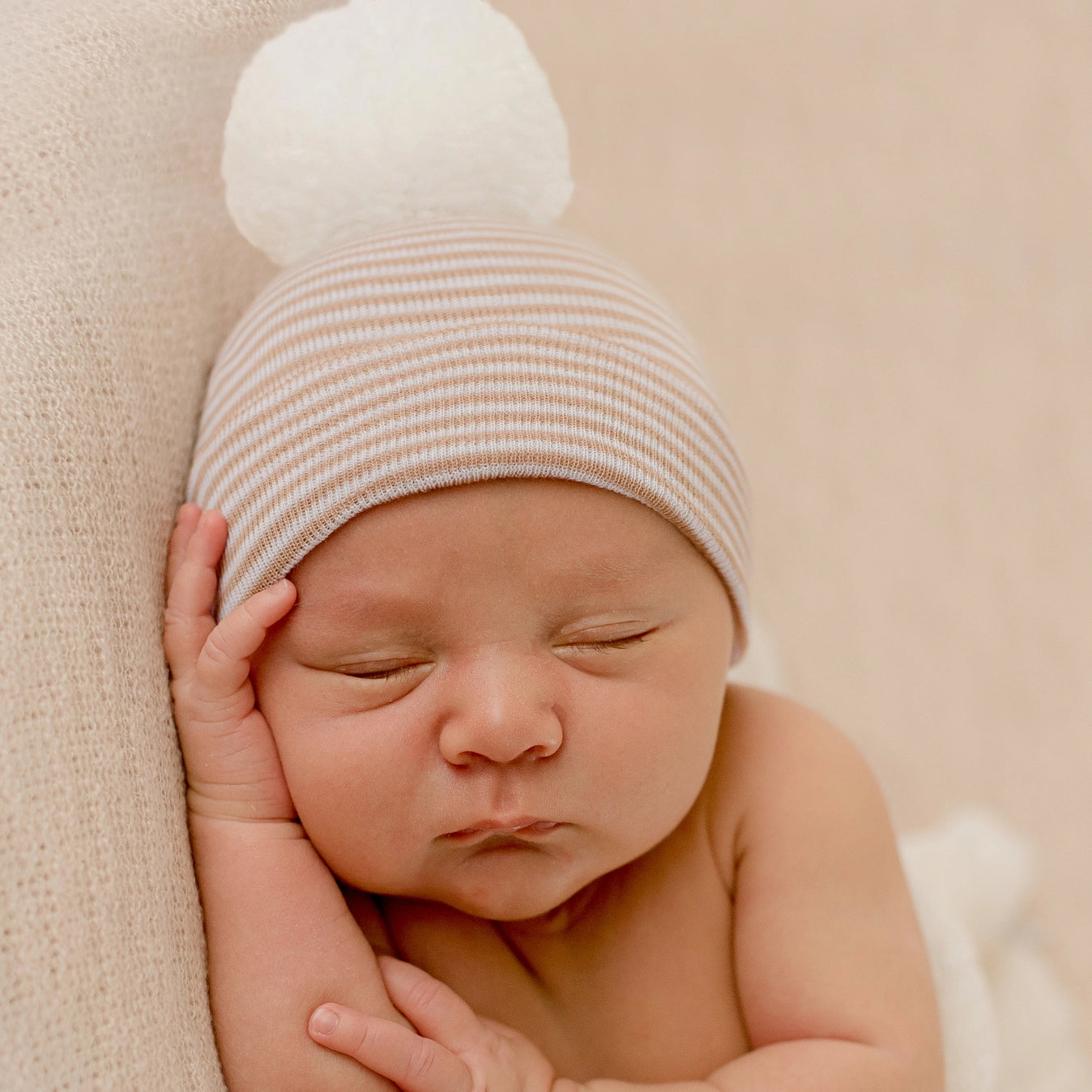 Tan Stripe Pom Newborn Hospital Hat  - Doodlebug's Children's Boutique