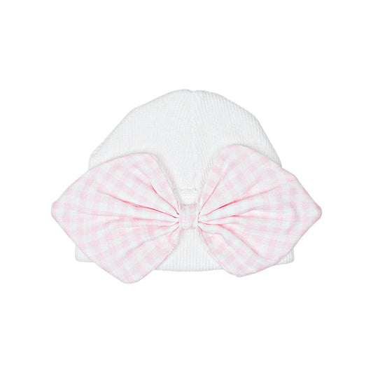 Pink Gingham Rib Knit Saylor Bow Beanie - Doodlebug's Children's Boutique
