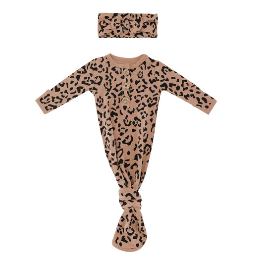 Knotted Gown with Bow Set in Latte Leopard - Doodlebug's Children's Boutique