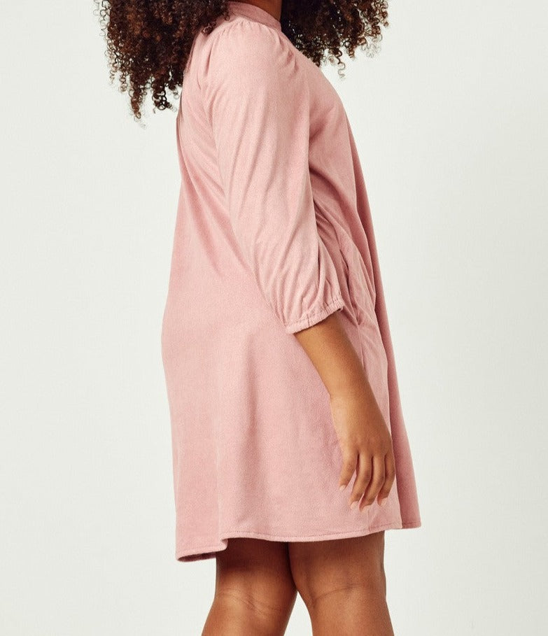 Pink Suede Puff Sleeve Dress  - Doodlebug's Children's Boutique