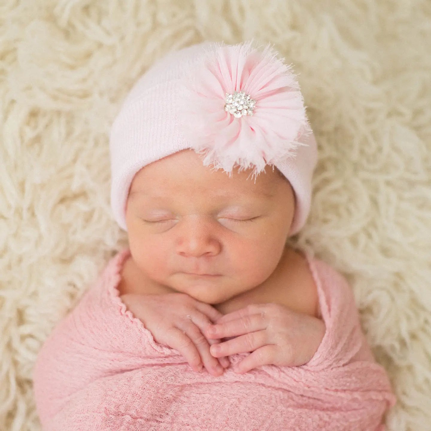 Pink Frayed Flower Newborn Hospital Hat - Doodlebug's Children's Boutique