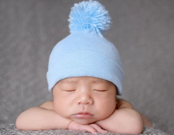 Blue Pom Newborn Hospital Hat - Doodlebug's Children's Boutique