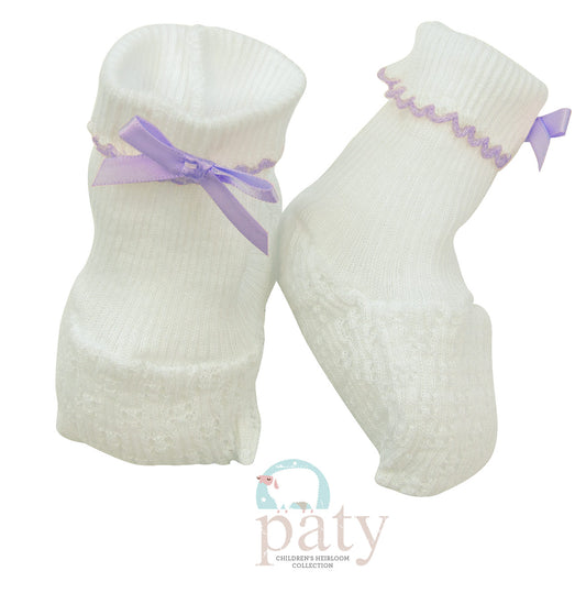 White Booties with Lavender Trim  - Doodlebug's Children's Boutique