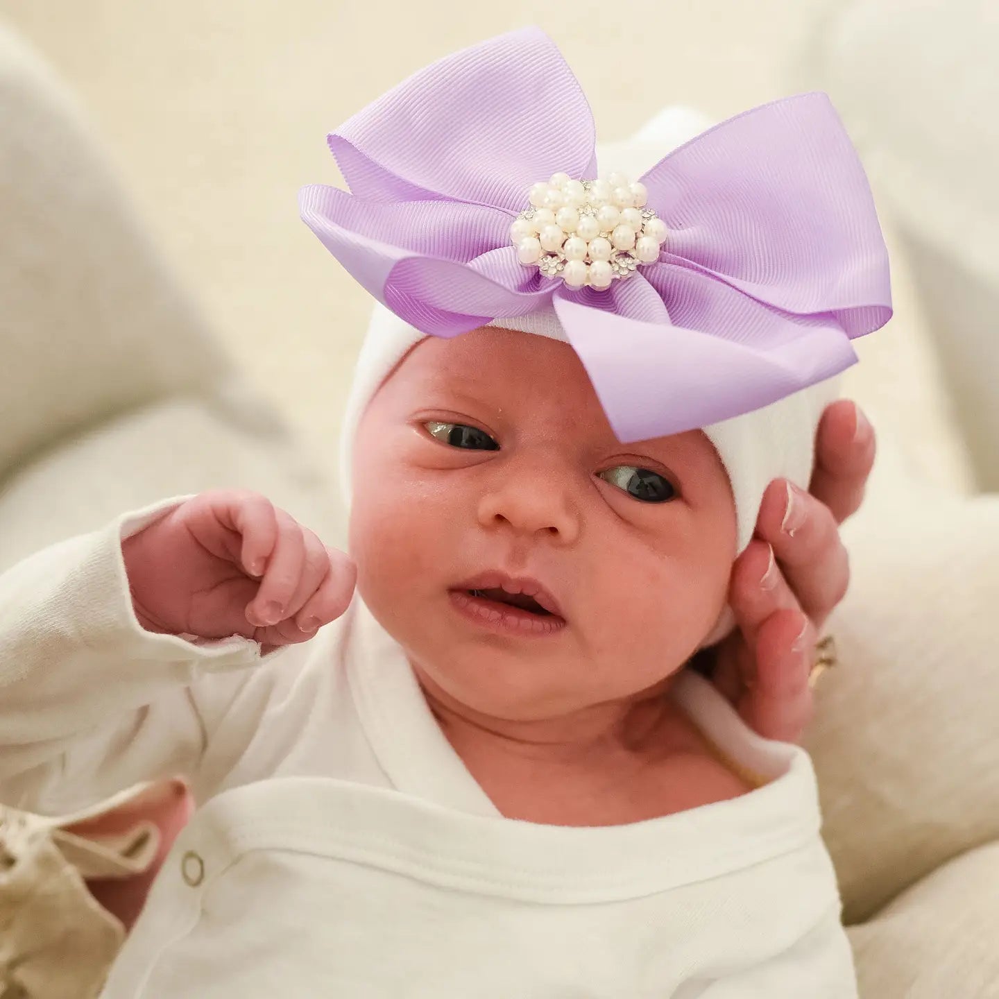 Violet Pearl Bow Newborn Hospital Hat - Doodlebug's Children's Boutique