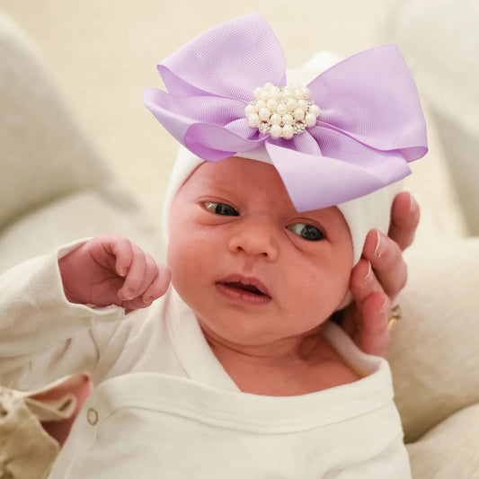 Violet Pearl Bow Newborn Hospital Hat - Doodlebug's Children's Boutique