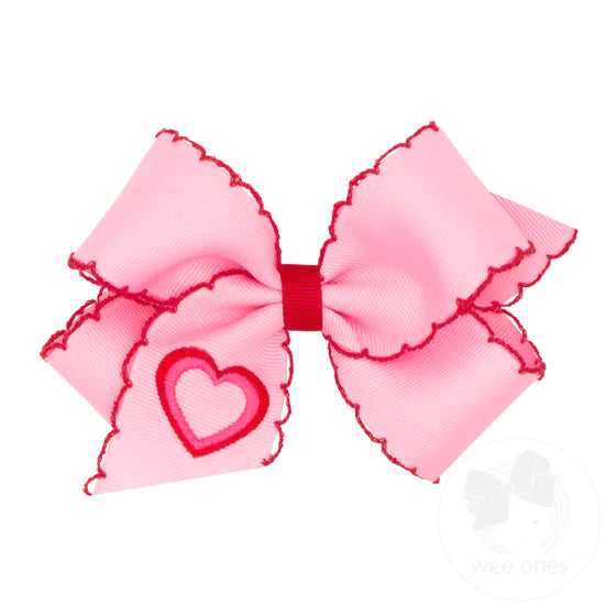 Medium Moonstitch Bow with Embroidered Heart in Pink  - Doodlebug's Children's Boutique