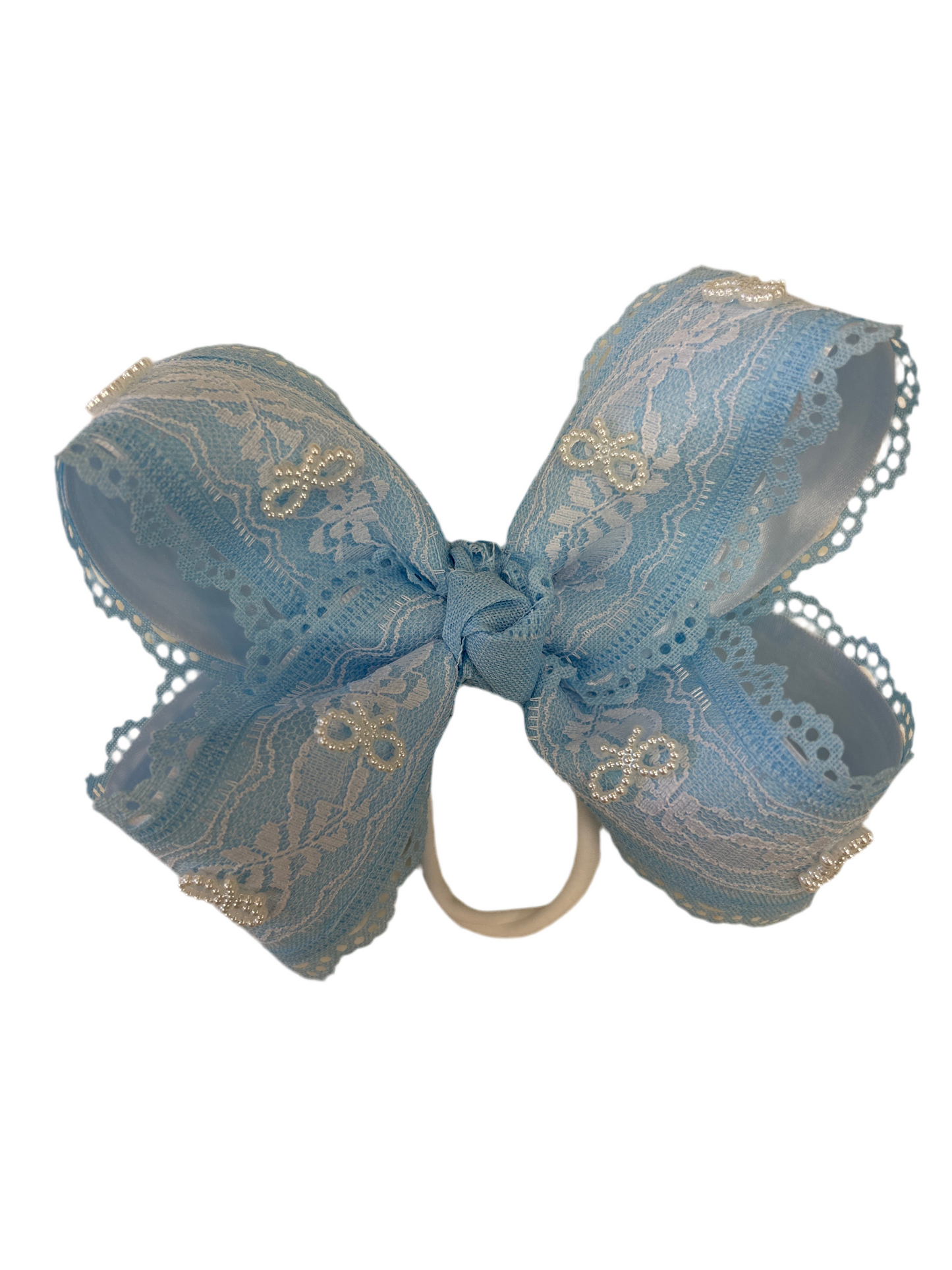 Blue Lace Layered Bow with Beads Nylon Headband - Doodlebug's Children's Boutique