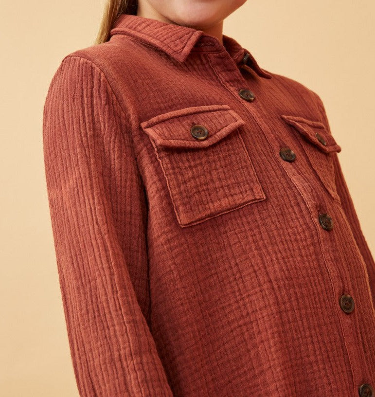 Over Dyed Button Up Shirt in Rust  - Doodlebug's Children's Boutique
