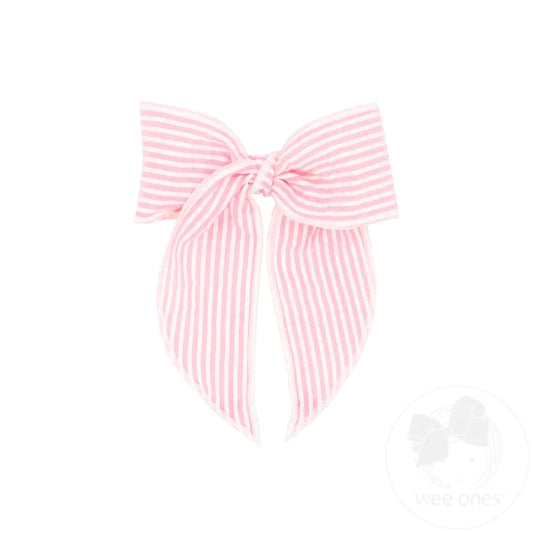 Medium Seersucker Bow with Tails in Pink  - Doodlebug's Children's Boutique