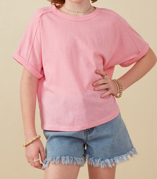 Raw Edge Dolman Tee in Pink  - Doodlebug's Children's Boutique