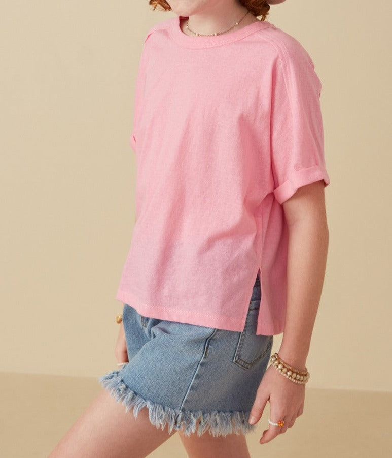 Raw Edge Dolman Tee in Pink  - Doodlebug's Children's Boutique