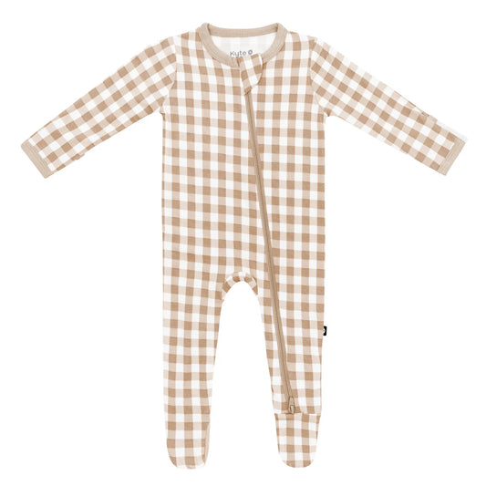 Zippered Footie in Gingham Bisque - Doodlebug's Children's Boutique