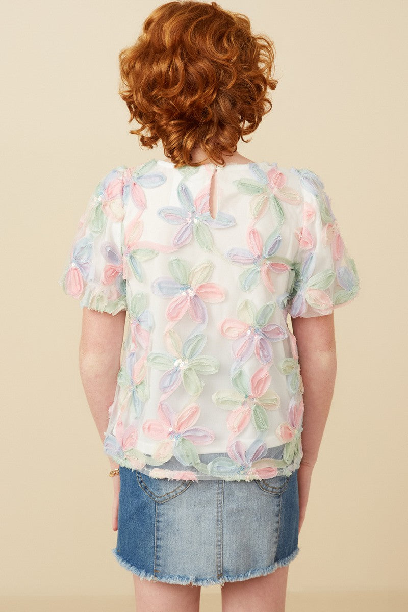 Sequin Floral Bubble Sleeve Top  - Doodlebug's Children's Boutique