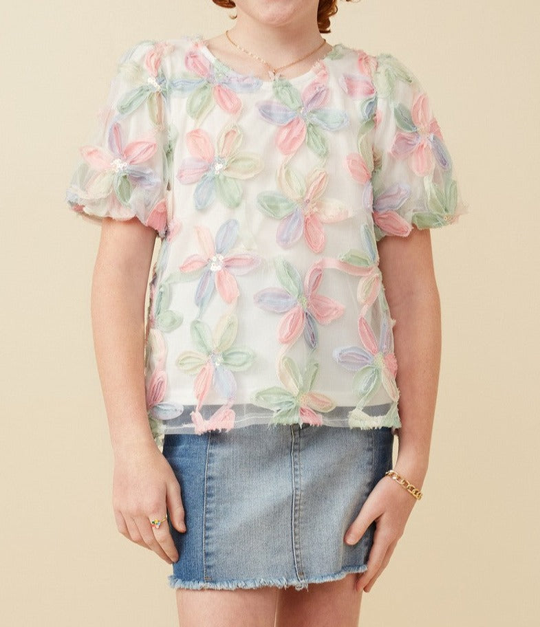 Sequin Floral Bubble Sleeve Top  - Doodlebug's Children's Boutique